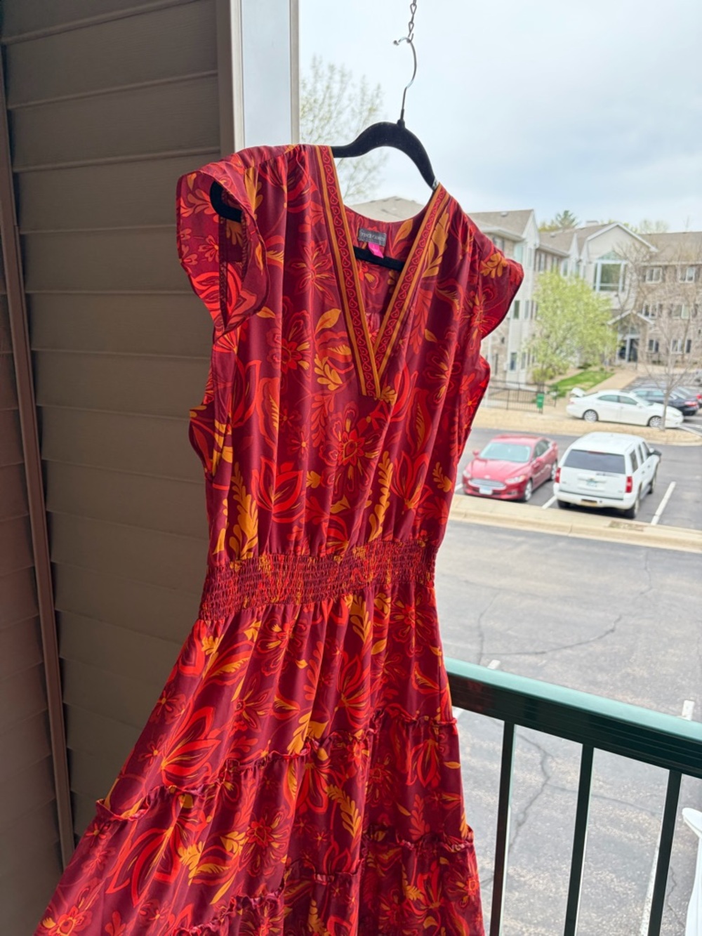 🆕🍎 Vince Camuto Boho Floral Maxi Dress Red Orange Tiered Size L Summer Flowy - Picture 4 of 16